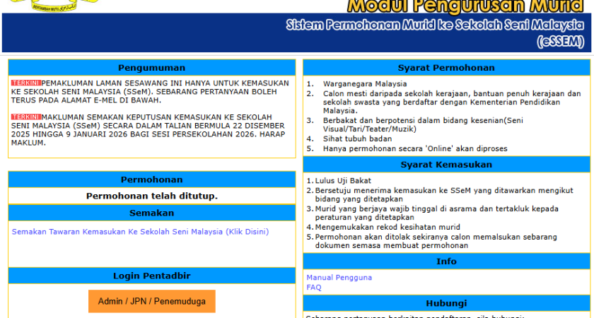 Semakan Keputusan Permohonan Murid Ke Tingkatan 1 Sekolah Seni Malaysia / Program Pendidikan Seni (SSeM/PPS) Ambilan Tahun 2026
